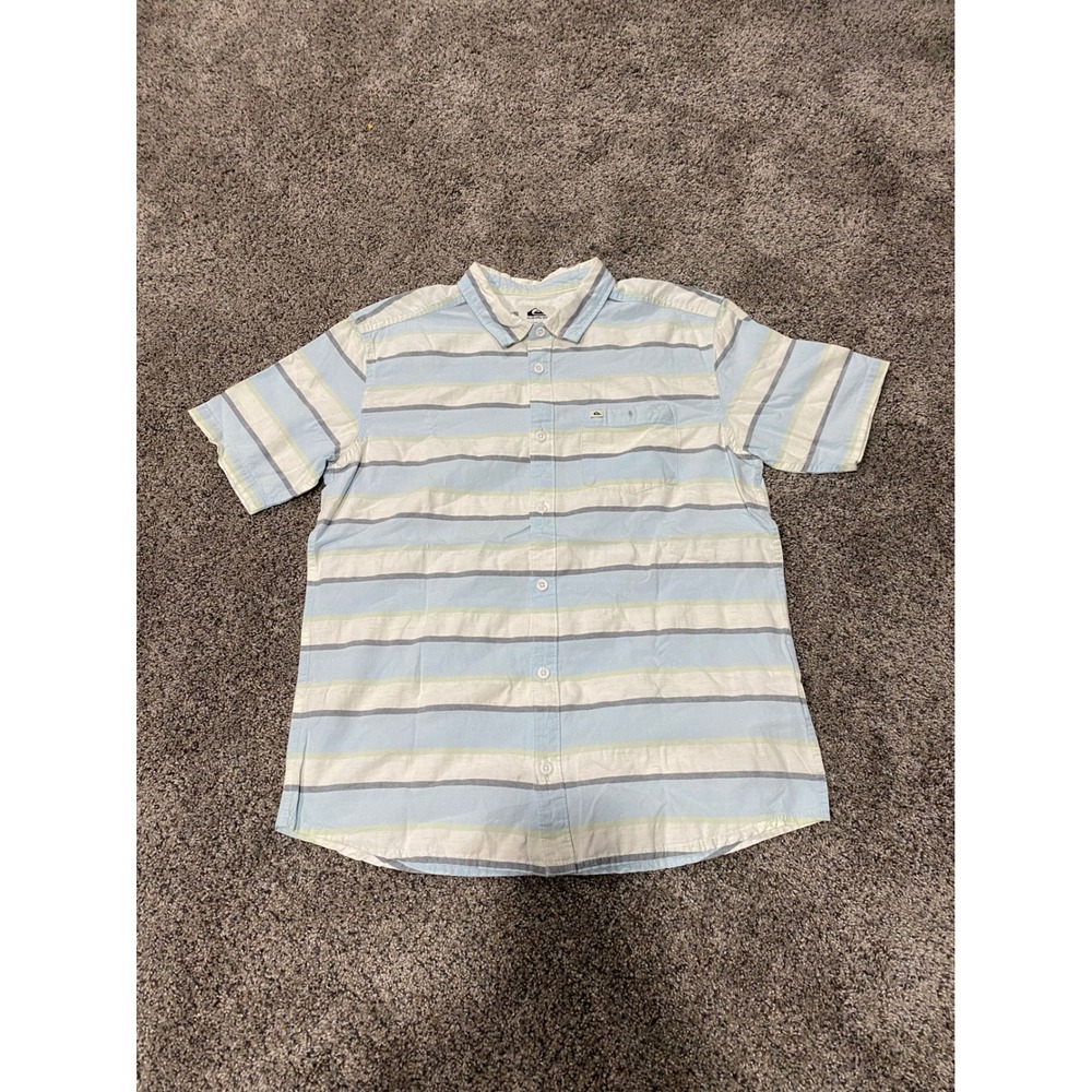 Quiksilver Mens XL Short Sleeve Button Down Shirt Striped Blue White Regular Fit